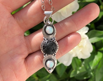 Triple Goddess/ Lava Stone/ Opal/ handmade sterling silver pendant/ fine silver stars/ la Luna/ Maiden Mother Crone