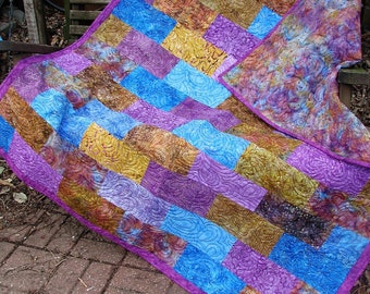 Quilts for Sale - Quilt - Lap Quilt, Sofa Quilt, Quilted Throw - Purple Blue and Brown Batik Quilt - Transitions Lap Quilt