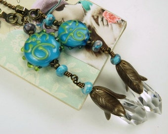 Decorative Chain Pull Pair for Ceiling Fans or Lamps with German Crystals and Turquoise lamp Work Bead Accents