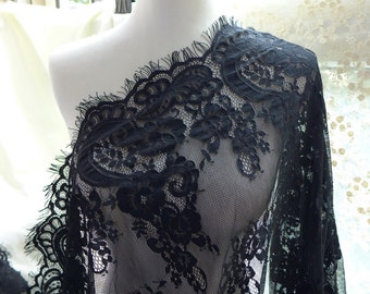 BLACK Chantilly Lace Fabric, Scalloped Wedding Lace, French Chantilly Bridal Lace, Eyelash Trim Fabric