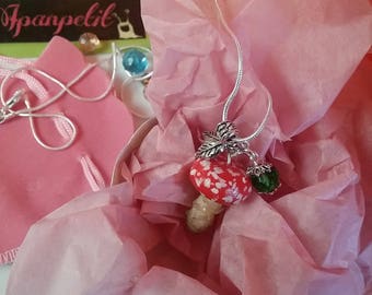 Silver chain with Amanita mushroom pendant with crystal green stone and leaves, mushroom