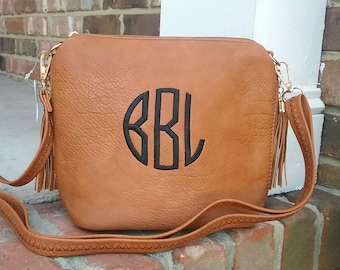 Personalized Monogrammed Vegan Leather Crossbody Purse with Tassel and FREE Monogram Multiple Colors Gray Black Brown Shrimp Monogram Purse