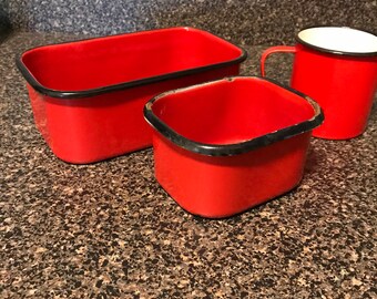 3 Pc Red Enamelware Set