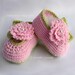 Crochet pattern girls baby booties with pink flowers leaves and pearl centers cute pretty pdf Instant Digital Download