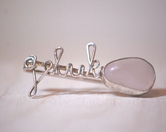 Word brooch Silver luck with Rose Quartz.