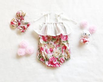 baby girl romper- baby romper- baby girl clothing- Ruffle Romper- baby playsuit- cotton- Vintage floral print with white romper