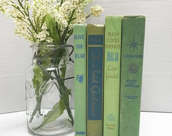 Old Book Set, Green Decor, Green Shelf Decor, Farmhouse Decor