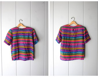 Vintage Silk Top Tribal Blouse Vintage Boxy Silk Top Short Sleeve 80s Colorful Blouse Boxy Crop Top Minimal Silk Tee Womens Medium