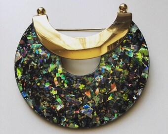 1970s vintage Art Deco plastic gold tone brooch