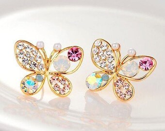 multicolored Butterfly rhinestone earrings Retro Stud Earrings