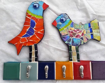 A mosaic keys or clothes hanger, Home gift, Wall art, Mixed media plates china stained glass, original, Home decor, birds.