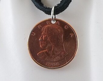 1996 Panama Coin Necklace, 1 Centesimo, Mens Necklace, Womens Necklace, Coin Pendant, Leather Cord, Vintage