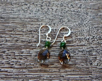 SMOKY QUARTZ earrings. Faceted briolette gemstons. Rare aaa superior quality. Natural Green VESUVIANITE. S.S. Elegant/ Boho/ woodland/