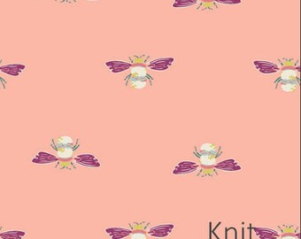 Bumble Beez in KNIT- Bees on coral- Jersey KNIT cotton stretch - from Art Gallery fabric Garden Dreamer collection