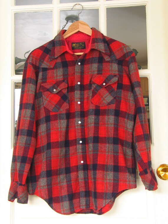Red Black Gray Plaid Wool Flannel Men's Shirt Western
