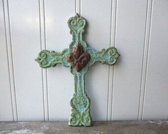 Rustic cast iron cross aqua faux rust fleur de lis turquoise verdigris wall hanging metal cross Spiritual Christian decor small cross SA1