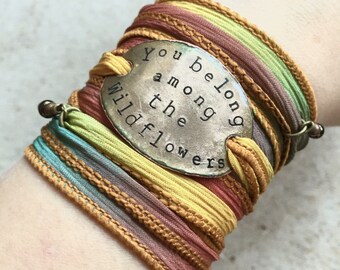 Silk wrap bracelet- you belong among the wildflowers- Boho Silk Wrap Bracelet- yoga wrap- ribbon wrap bracelet- boho- tom petty- BOHO
