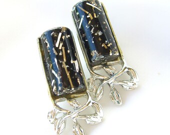 Confetti Lucite Earrings Vintage Retro 1950s Mid Century Modern Jewelry Silver Tone Clip Ons