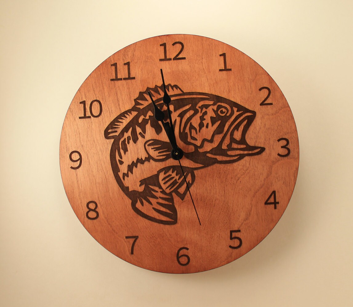 Bass laser cut clock Fish clock Wood clock Wall clock Wooden