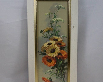 Vintage Turner Wall Accessory, 7 1/2"x 16 1/2", Flowers w/ Flecked White Frame