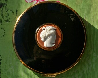 Vintage Mascot Black Enamel Cameo Powder Compact 1970s Unused