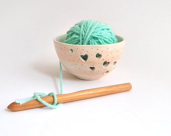 Ceramic Yarn Bowl, Knitting Bowl, Hand Painted with Hearts in Pink Color. Ready To Ship