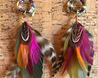 Shaman Earrings - Feather, Crystal, Natural, Unique, Statement, Mangladesh, Rainbow