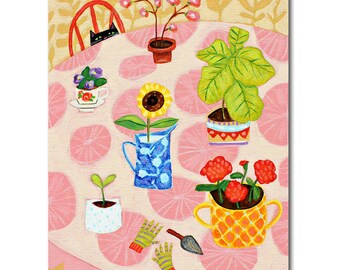 Table Plants ORIGINAL acrylic painting Plants seedlings and Cat cute black cat folk art painting by artist Tascha