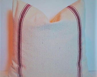 Farmhouse Pillow Red Grain Sack Look Pillow Cover Red Stripe Grainsack Pillow Red Farmhouse Pillow 0