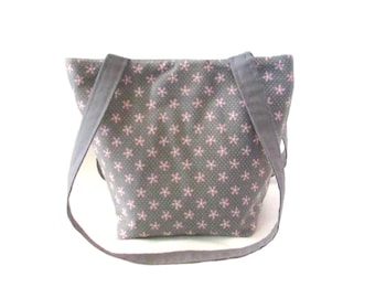 Gray Purse, Small Tote Bag, Pink Flowers, Polka Dots, Floral Fabric Bag, Handmade Cloth Purse, Shoulder Bag, Teen Purse