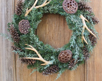 Winter Wreath, Antler Wreath, Natural Wreath, Pinecone Wreath, Evergreen Wreath, Front Door Wreath, Antlers, Woodsy Wreath, Holiday Decor