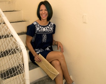 Hand Embroidered Ethnic/Folk, Channel-Style Loose Dress. Color Navy Blue with white embroidery