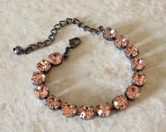 Swarovski peach crystal bracelet, rhinestone bracelet, gun metal, bridesmaid gift,