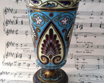 Rare Antique French Champleve Enamel Chalice Ciborium Vase c1880