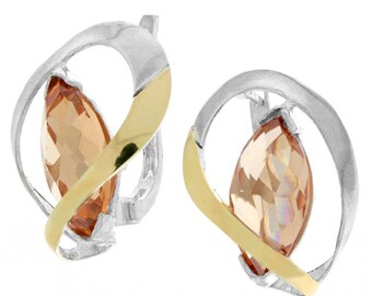 Silver and Gold Earrings, Champagne CZ Earrings, Sterling Silver Earrings, Silver Jewelry