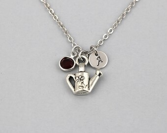 watering can necklace, sterling silver filled, initial necklace, OPTIONAL birthstone or pearl, watering can jewelry,gift for flower gardener