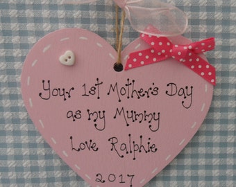 1st first Mother's Day personalised wooden heart keepsake pink