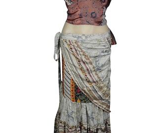 Womens 2 Pieces Upcycled Silk Sari Summer Fashion Wrap Around Skirt With Halter Crop Top