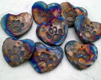 Top Hole, 3+ Paw Print Heart Beads, Raku Bead, Porcelain Clay, Handmade Bead Supplies