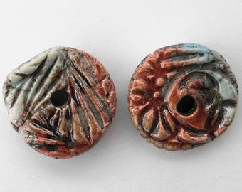 Charm, donut, ceramic bead, Raku, ethnic, red, 2 x