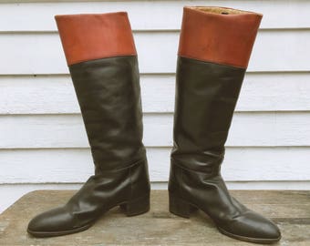 70's two-toned Italian Leather riding boots by Tanino Crisci handmade in Italy. Women's 8