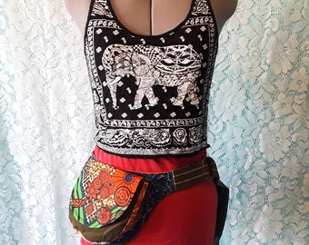 Batik flower block printing Colorful one of a kind OOAK upcycled fabric utility belt