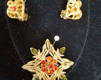 Jewelry Set- Clip Earrings and Brooch Brass and Rhinestone 1950's