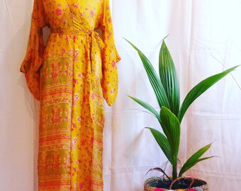 Vintage Silk Sari Maxi Kimono - Yellow