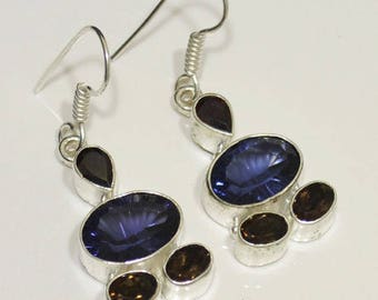 Sterling Silver Iolite Earrings, Silver Earrings, Iolite Earrings, Smoky Quartz Earrings .925 Sterling Silver Earrings 1.9"x0.6" (With Hook)