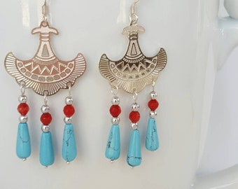 Chalk Turquoise Teardrop and Aztec Link Dangle Earrings