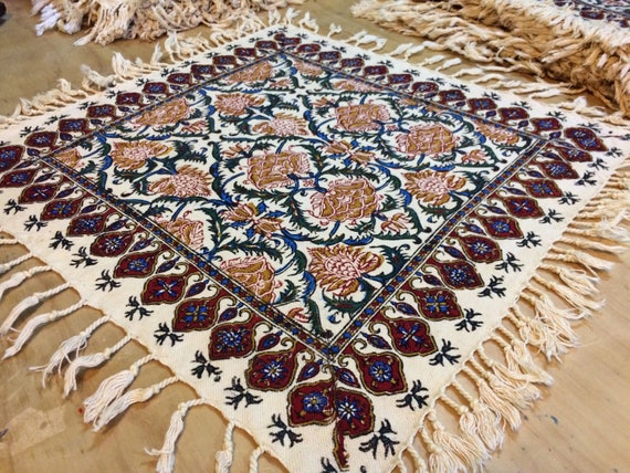 Hand printed 16" floral table top, traditional handmade cotton tapestry , natural dyes with tassels
