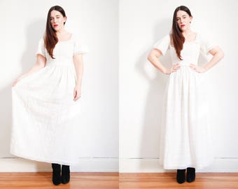 Vintage 70s White Cotton Mexican Wedding Flute sleeve Dress Lace Oaxaca Maxi Dress Sz S