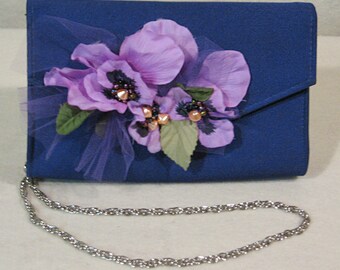 Satin Clutch Blue with shoulder chain, Embellished Floral Clutch, Blue Purple Satin Clutch, Floral Evening Bag, Floral Shoulder Bag,