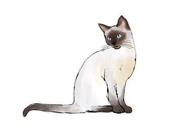 siamese cat, siamese cat print, drawing and watercolor, digital, downloadable print of a siamese cat, art for cat lover, cat art, cat print